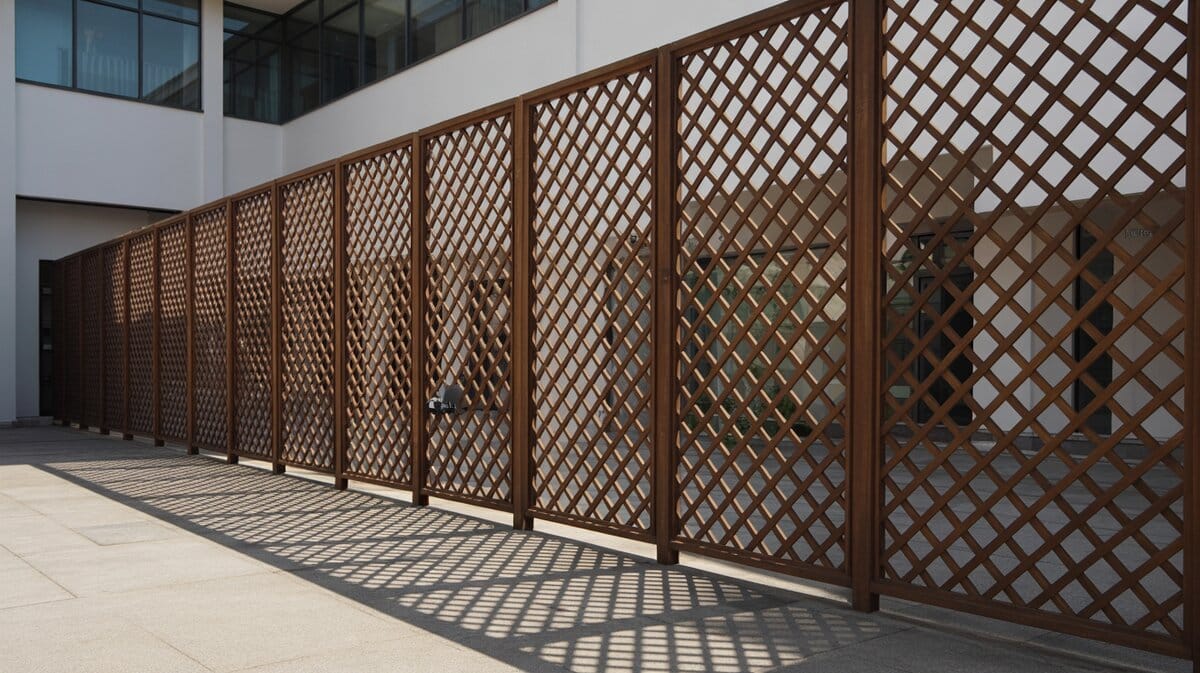 Dark Brown Diagonal Wood Lattice Fence Courtyard Shadows
