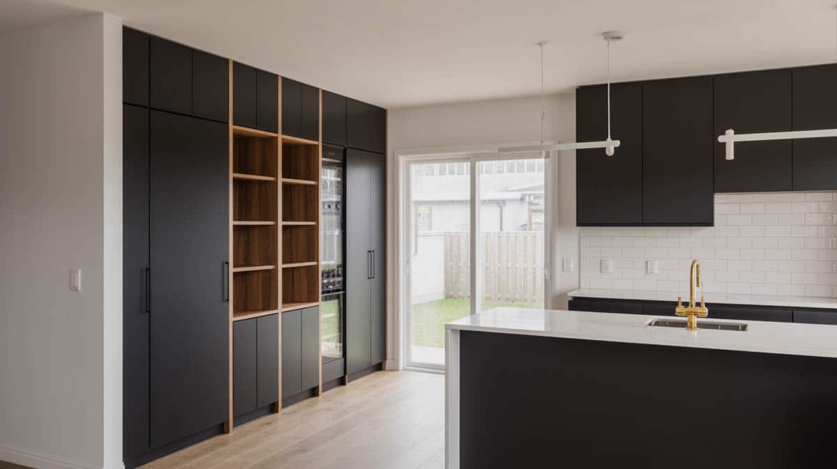 This beautifully designed island kitchen boasts luscious cherry wood planks that creates