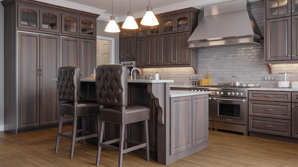 This kitchen features dark tones that contrast perfectly against the white tile