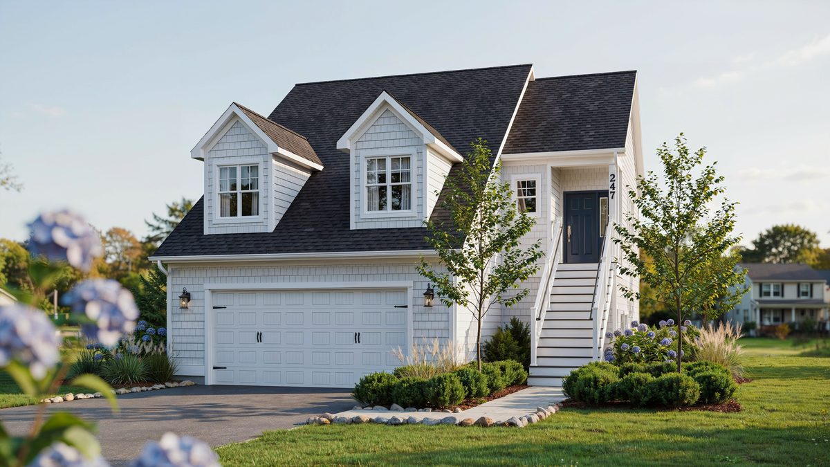 Two story garage apartment with dormer windows and white exterior staircase