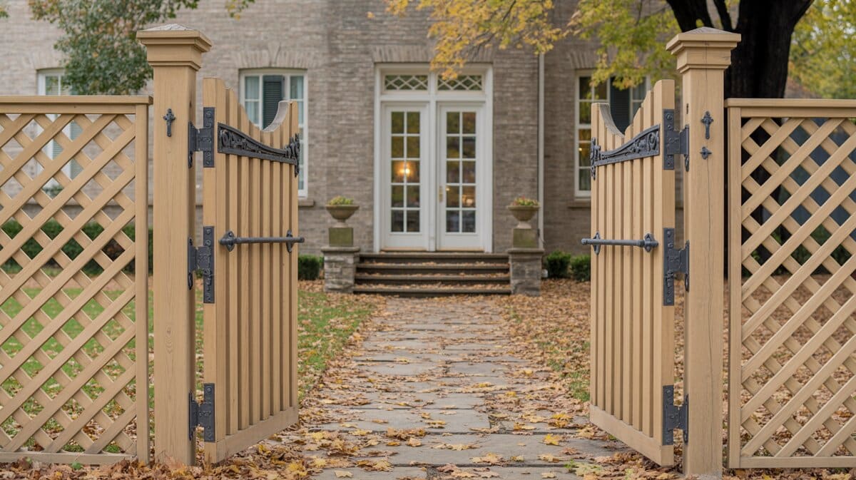 Diagonal Wood Lattice Gate Brick House Entrance Fall Leaves