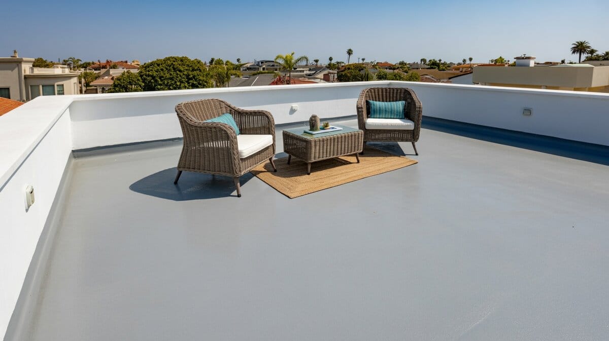 Flat fiberglass roof deck with wicker chairs and teal pillows against white parapet walls
