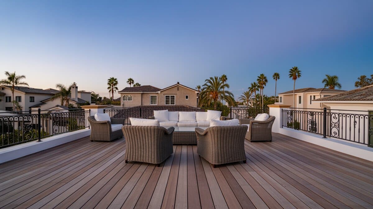 Flat rooftop deck with wide wood planks and wicker furniture overlooking palm trees