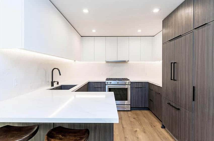 G shaped kitchen with peninsula and white overhead cabinets