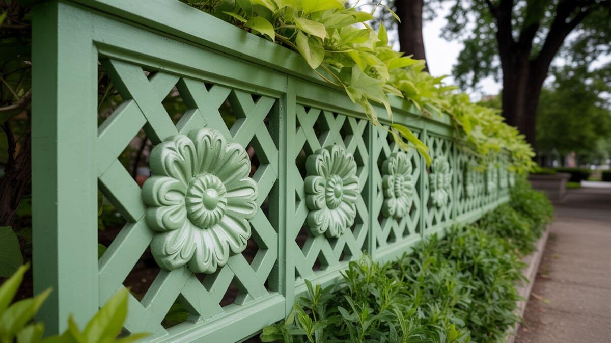 Green Painted Wood Lattice Fence Floral Medallion Ornaments