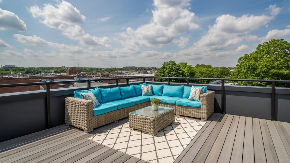 Grey composite rooftop deck with teal wicker sectional and black railing above city rooftops