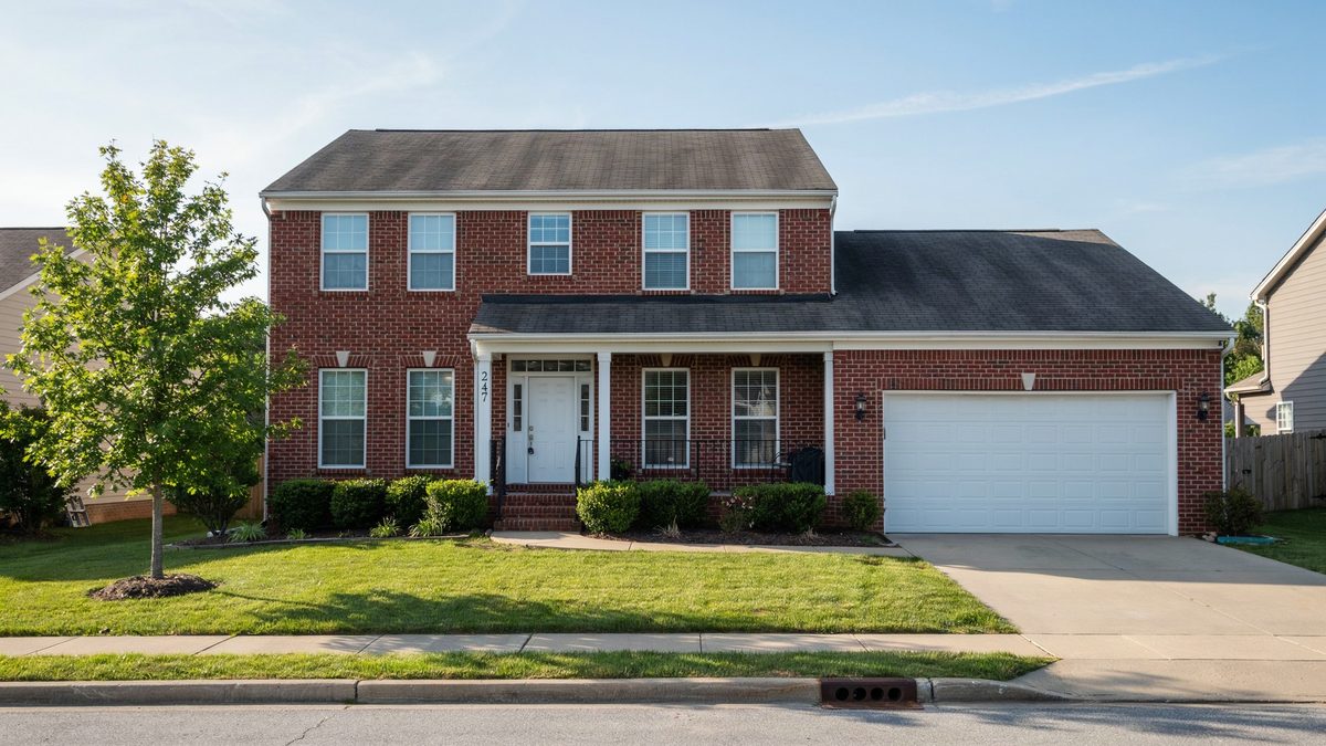 Two story red brick veneer colonial with white trim windows and attached garage