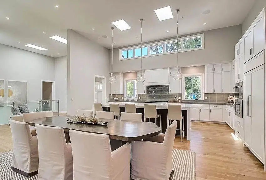 Kitchen with clerestory windows high ceiling and skylights
