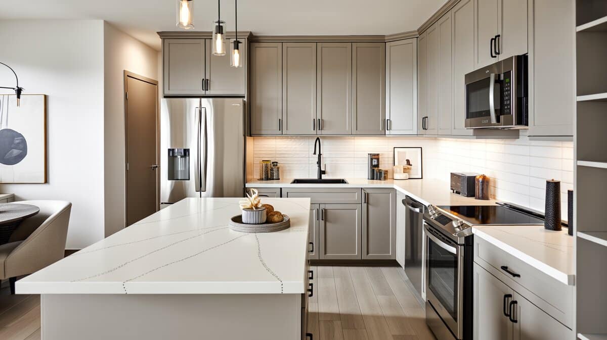 L-shaped kitchen with epoxy surface island and counters