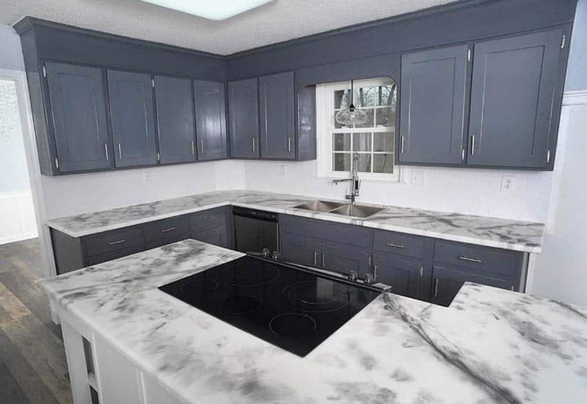 L Shaped Kitchen With Epoxy Countertops Gray Cabinets 