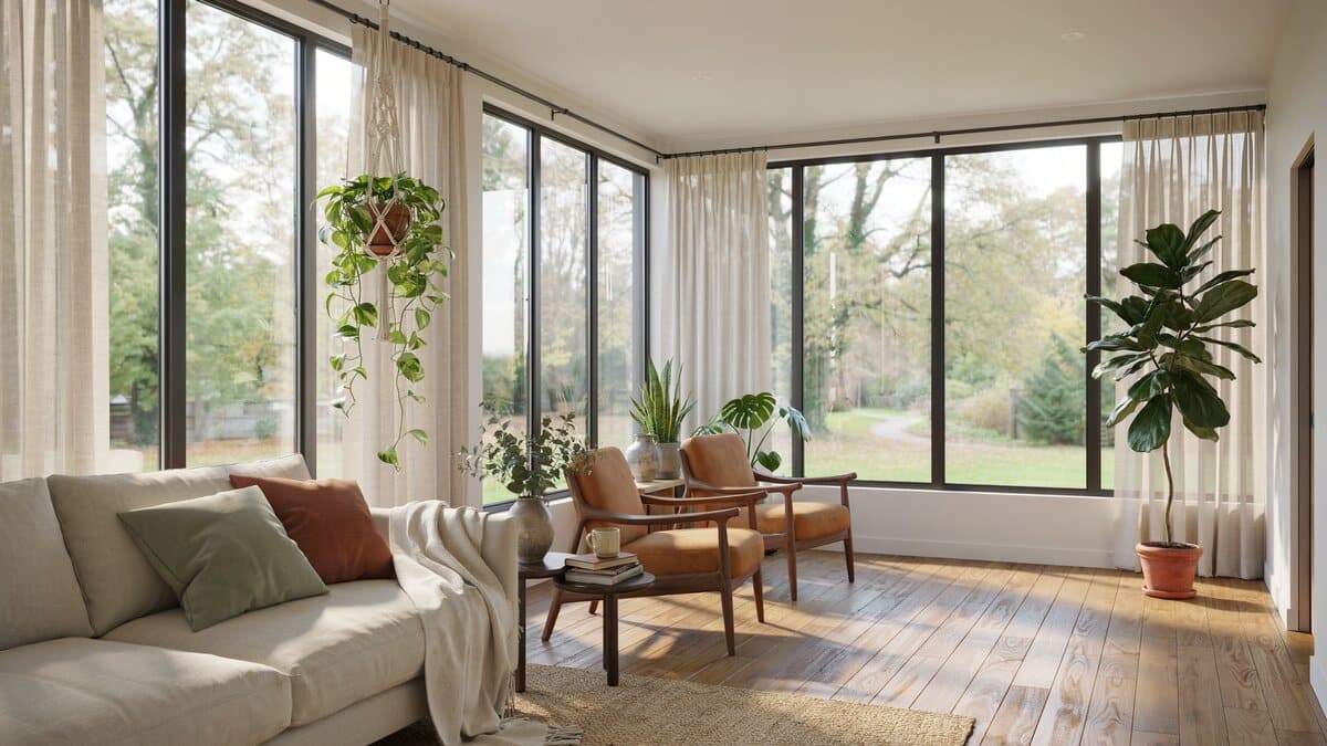 Spacious sunroom with warm wood flooring, tall windows and mid century seating