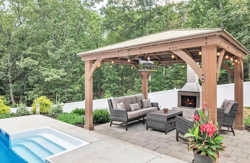 Large backyard pool cabana with ceiling mounted tv