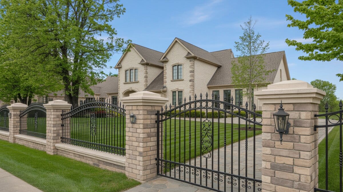 Luxury Home Black Ornamental Iron Fence Stone Pillars Lawn
