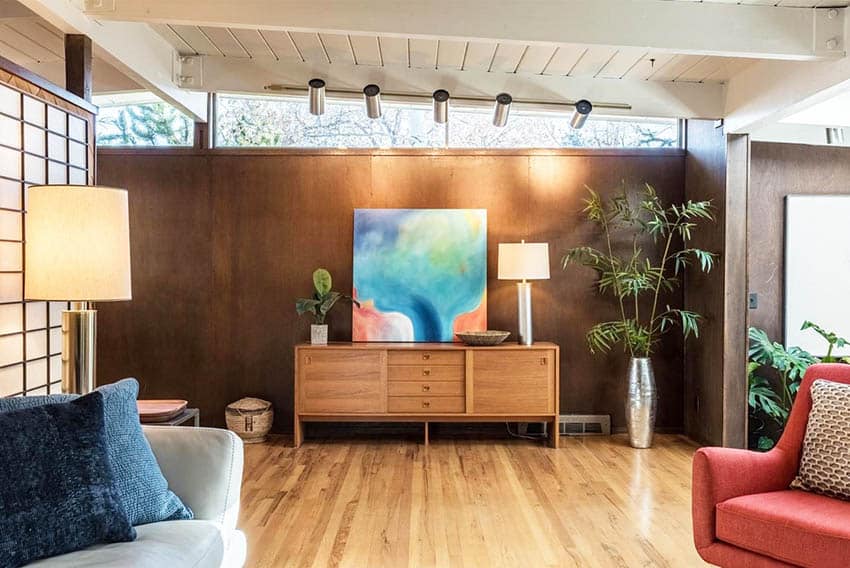 Mid century modern living room with angled clerestory window