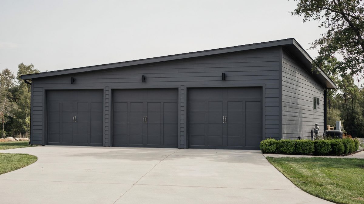 Charcoal three car detached garage with flush panel doors and flat roofline