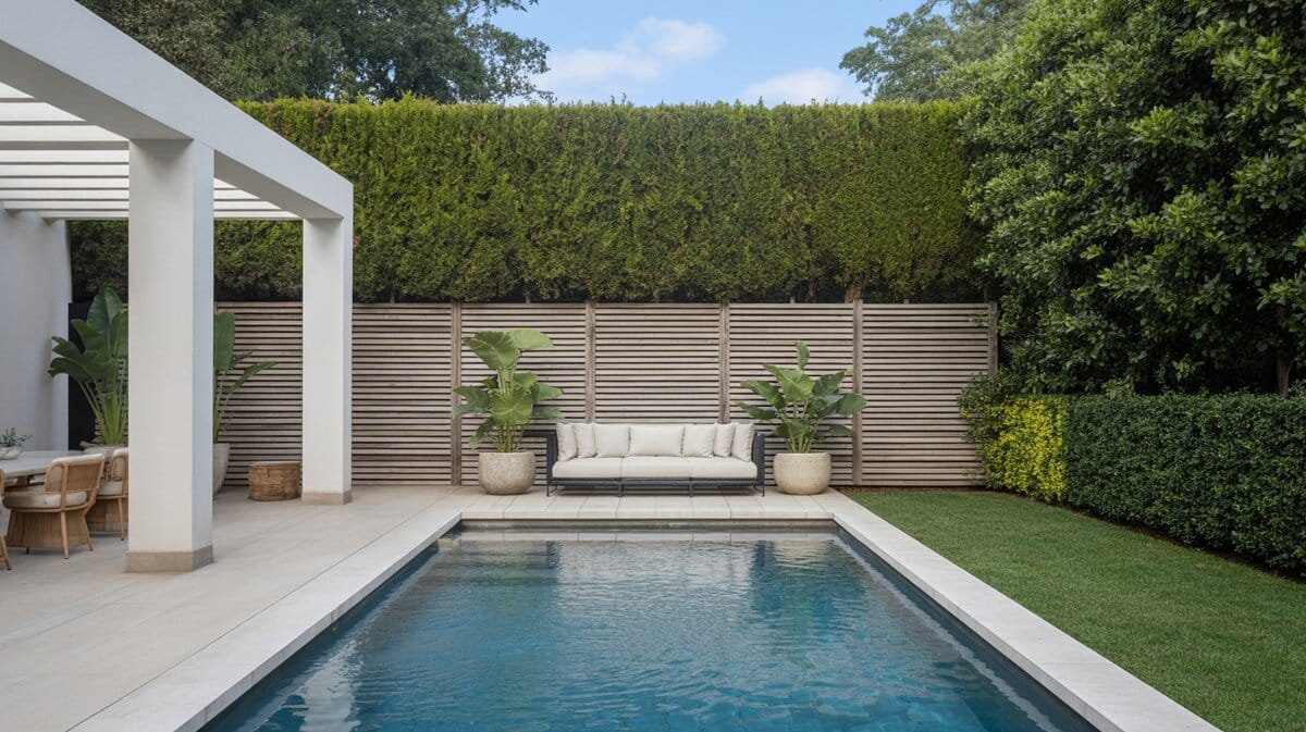 Modern Backyard Pool White Horizontal Lattice Screen Hedge