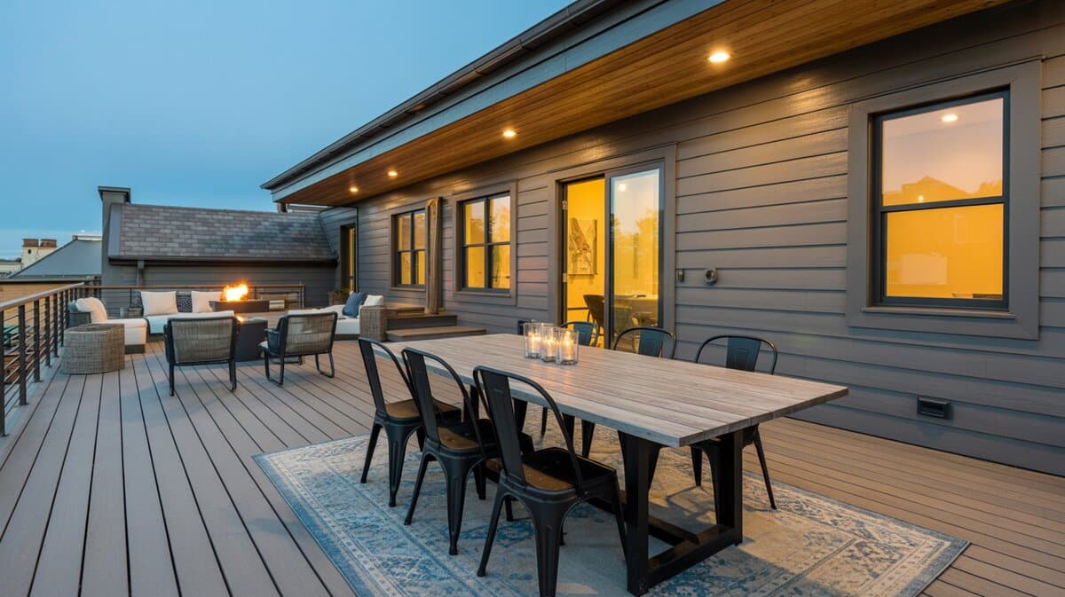 Modern grey composite roof deck with wood dining table and recessed ceiling soffit