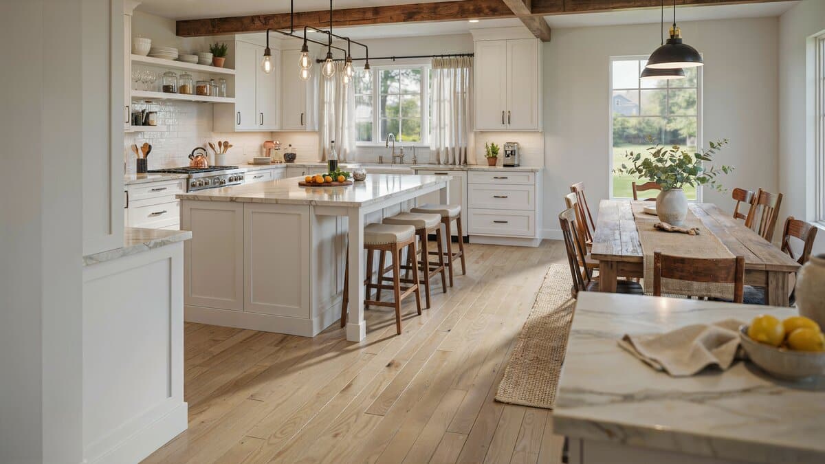 White modern farmhouse kitchen with marble island open to wood dining area