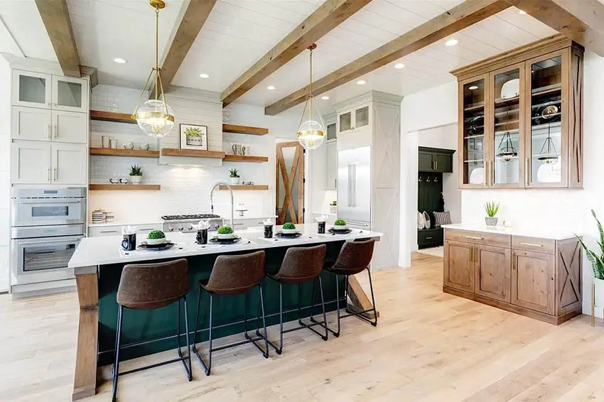 Kitchen with wood beam shiplap ceiling large custom island