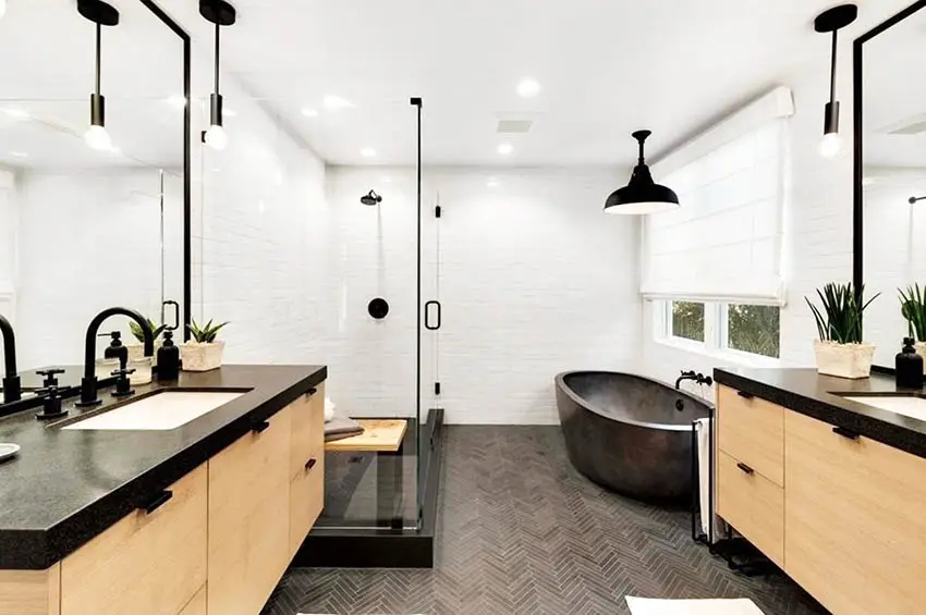 Bathroom with dark double wall copper tub