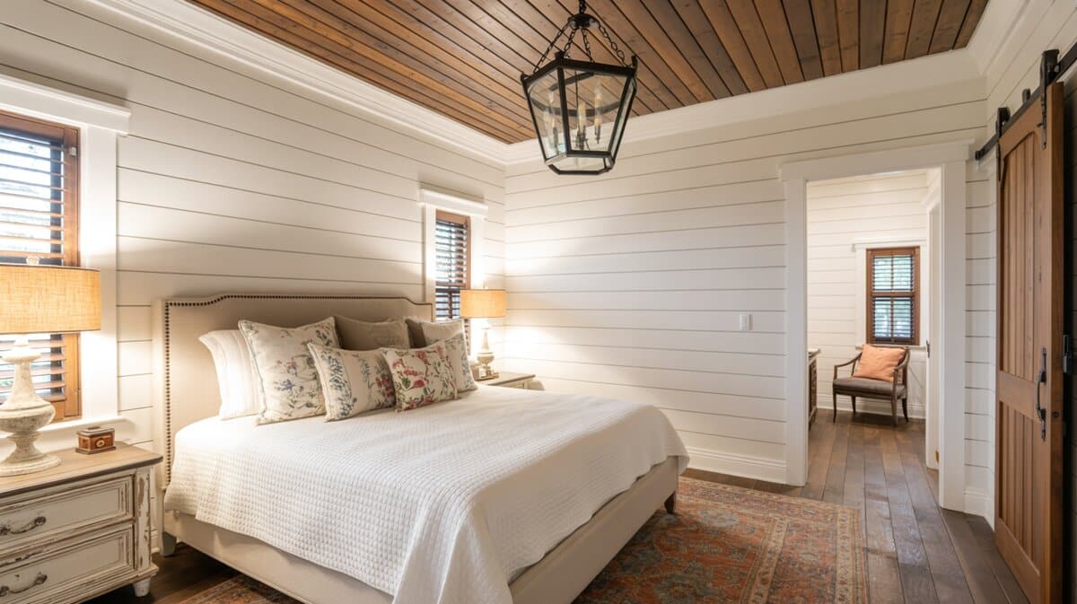 Modern farmhouse bedroom with white shiplap walls, warm wood plank ceiling, and black iron lantern pendant