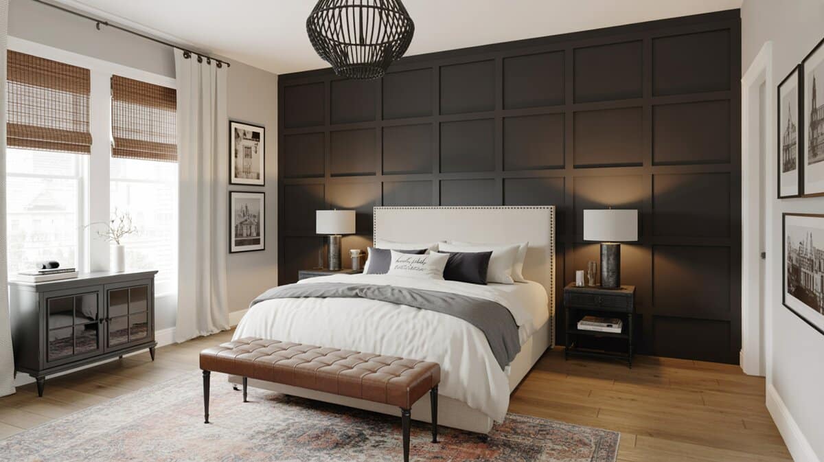 Modern farmhouse bedroom with full-height black grid panel accent wall, wood bead chandelier, and bamboo blinds