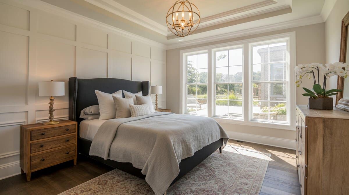 Modern farmhouse bedroom with white board and batten paneled wall, dark wingback headboard, and gold orb chandelier