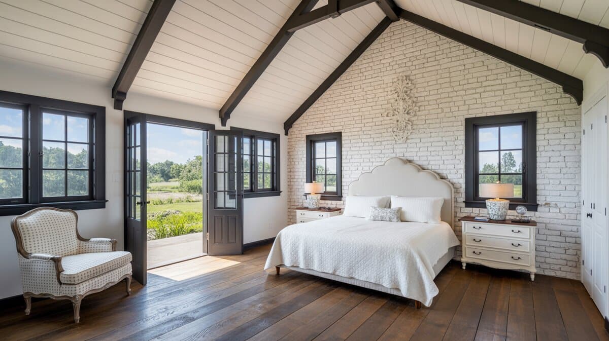 Modern farmhouse bedroom with cathedral ceiling dark beams, white painted brick wall, and French doors to garden