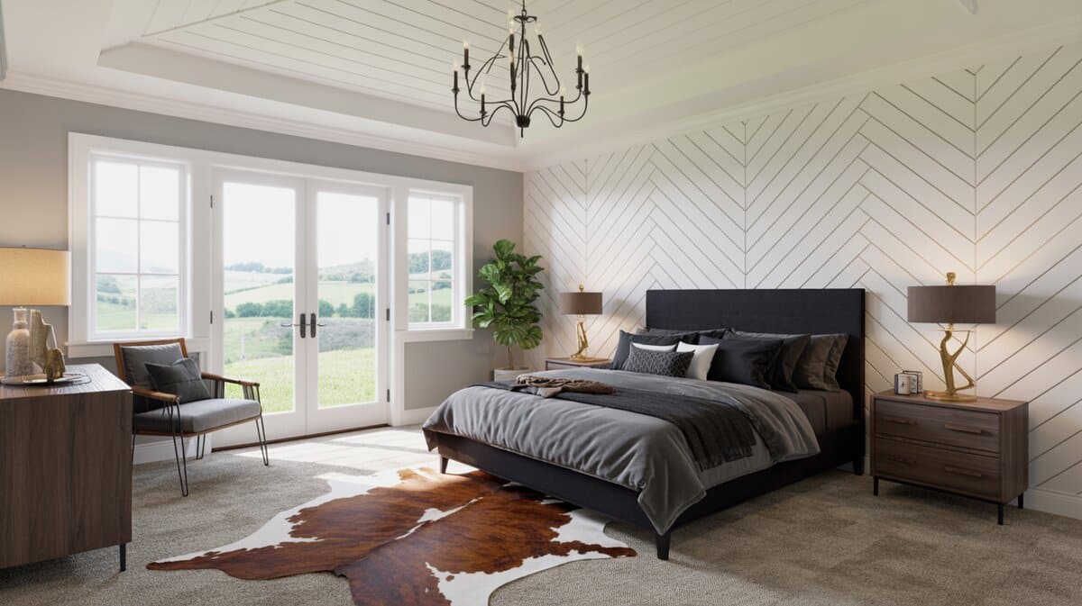 Modern farmhouse bedroom with chevron board and batten accent wall, cowhide rug, and French doors to rolling hills