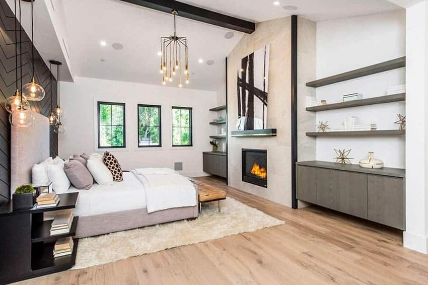 Modern farmhouse bedroom design with black framed windows accent wall wood flooring