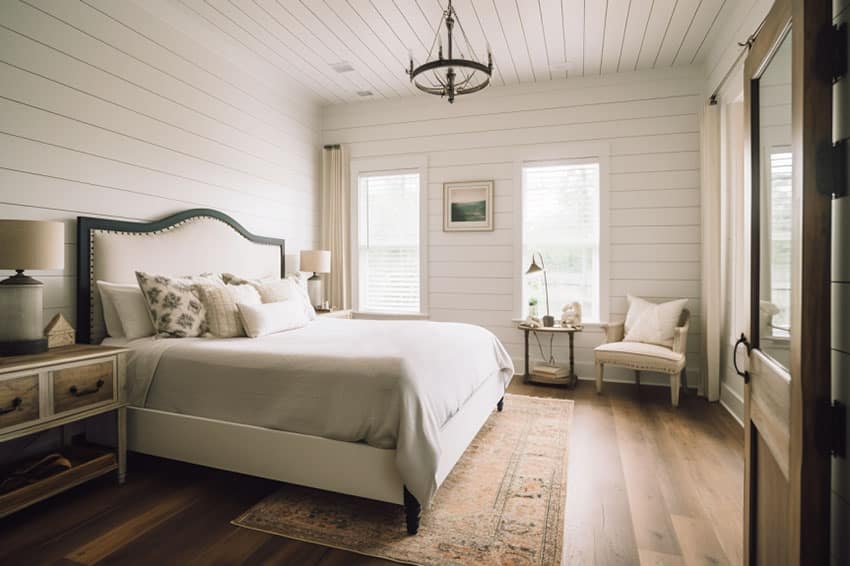 Modern farmhouse bedroom design with white shiplap walls contemporary bed with fluffy pillows bedding