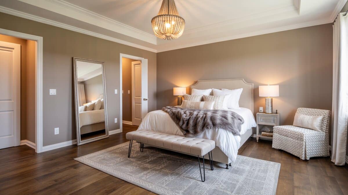 Modern farmhouse bedroom with greige taupe walls, beaded empire chandelier, tufted bench on hairpin legs, and leaning mirror
