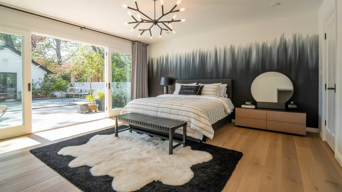 Modern farmhouse bedroom with dark ombre accent wall, sputnik chandelier, and sliding glass doors to patio garden