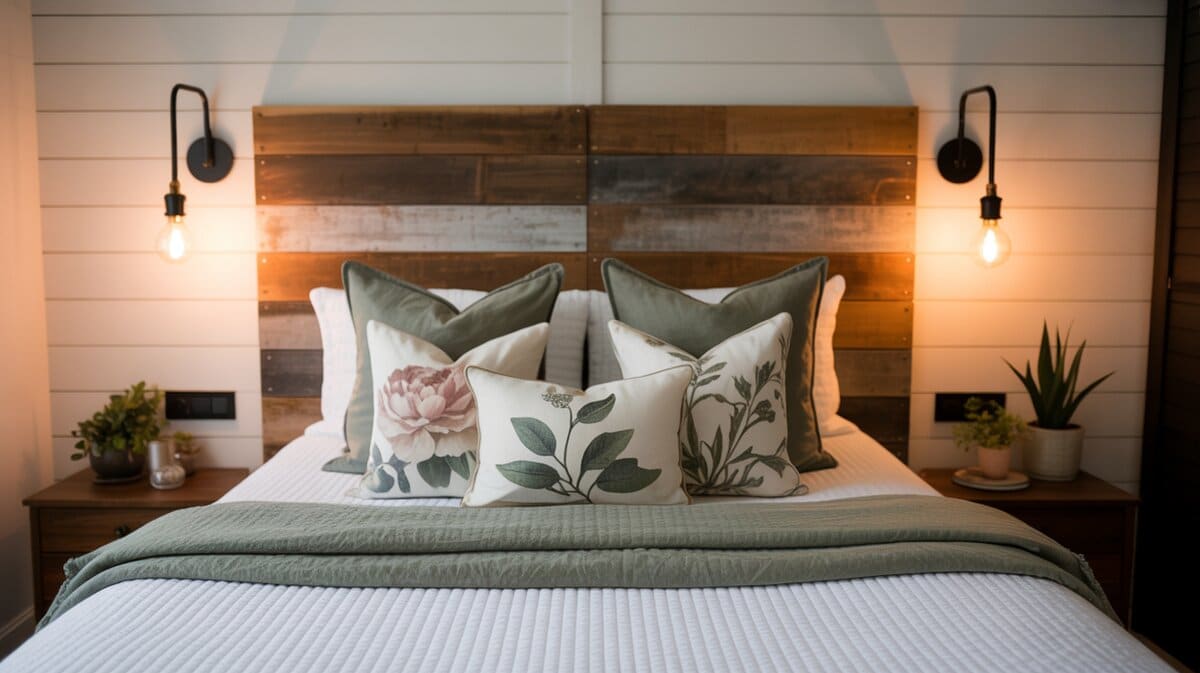 Modern farmhouse bed with reclaimed wood plank headboard, black Edison sconces, and botanical floral throw pillows