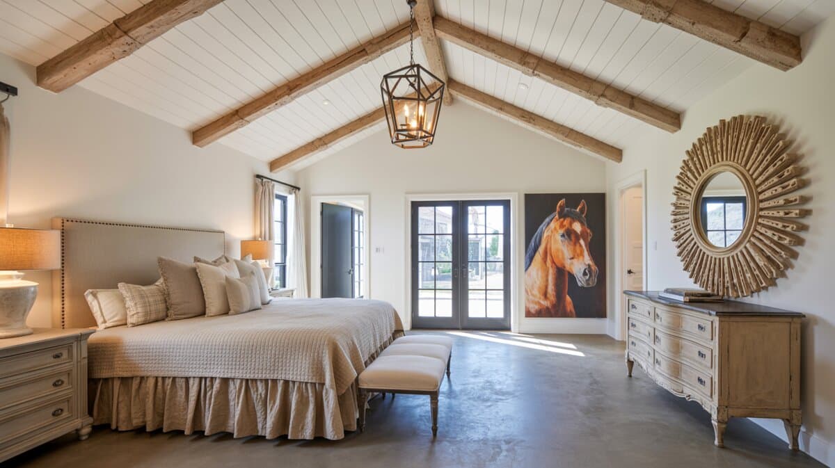 Modern farmhouse bedroom with vaulted shiplap ceiling, exposed rustic beams, geometric lantern, and large horse portrait