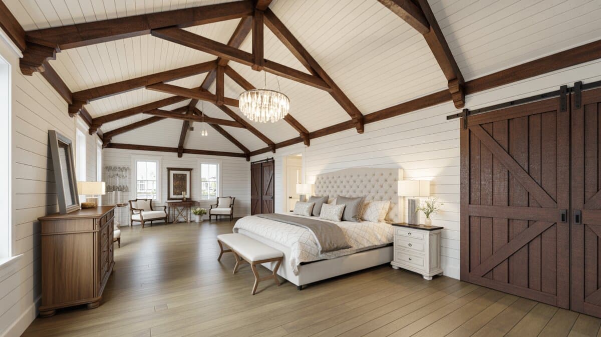Grand modern farmhouse bedroom with vaulted shiplap ceiling, exposed timber beams, crystal chandelier, and barn door
