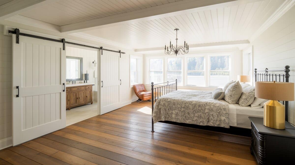 Modern farmhouse bedroom with white sliding barn door, black iron bed frame, and wide plank hardwood floors