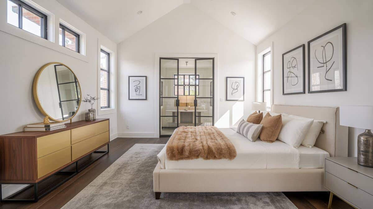 Modern farmhouse bedroom with vaulted ceiling, cream upholstered bed, gold wood dresser, and glass bathroom door