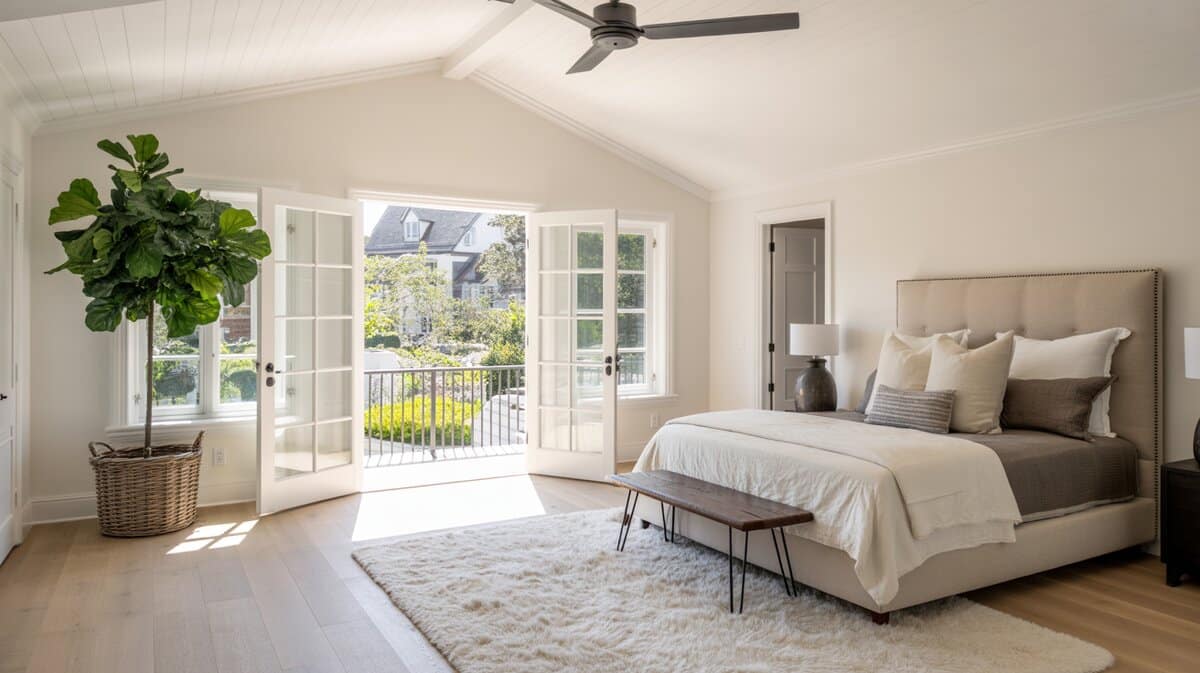 Bright modern farmhouse bedroom with vaulted ceiling, fiddle leaf fig tree, and French doors opening to garden balcony