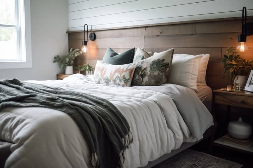 Modern farmhouse bedroom with wood shiplap walls, and edison bulb bed sconces