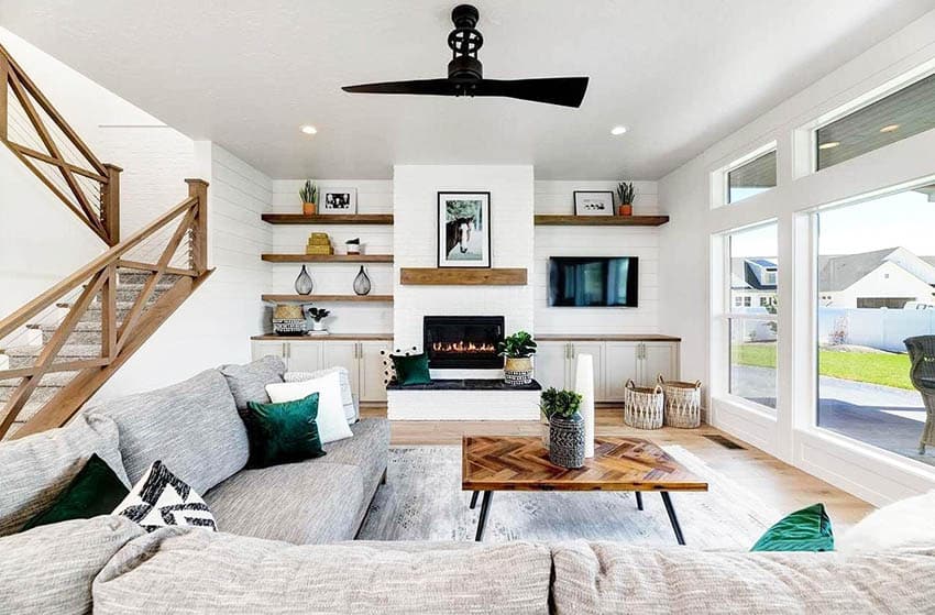 Modern farmhouse living room design with shiplap walls and hardwood flooring