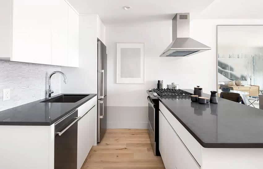 Modern kitchen with polished caesarstone piatta black countertops