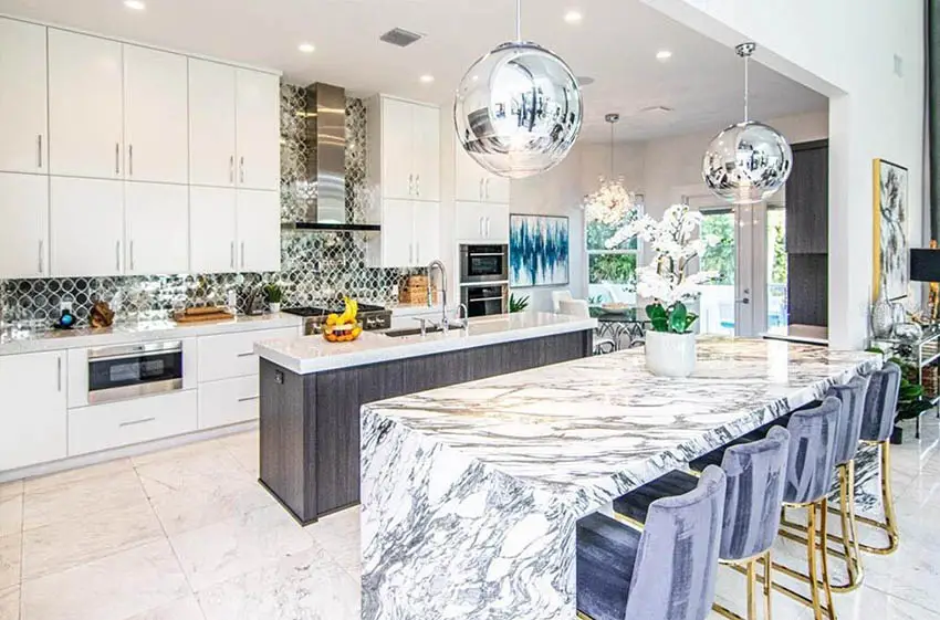 Modern kitchen with island and peninsula quartz countertops silver globe pendant lights