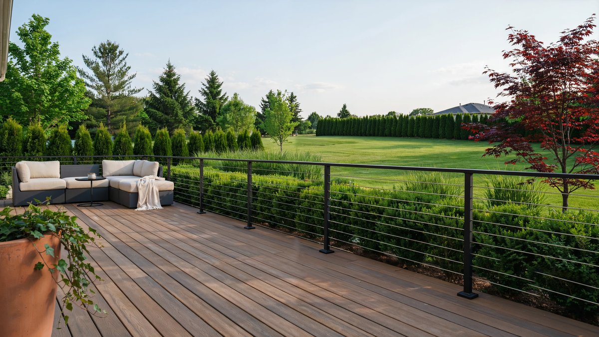 Modern composite deck with black cable railing overlooking a manicured green lawn