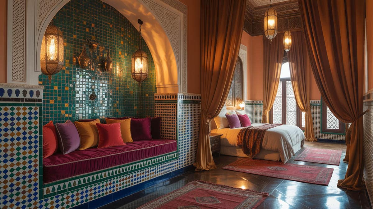 Bedroom with built-In nook & Moroccan interior with recessed alcove with geometric tilework and jewel-toned cushions