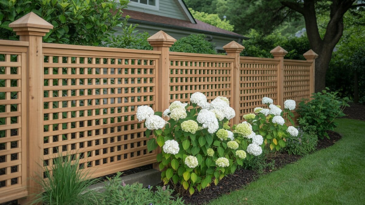 Natural Cedar Square Lattice Fence Hydrangeas Post Caps