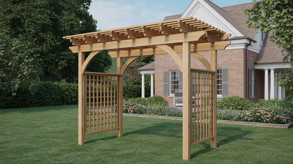 Natural Wood Pergola Lattice Sides Colonial House Lawn