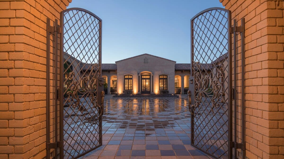 Ornate Iron Diamond Lattice Gate Dusk Stone Courtyard Lighting