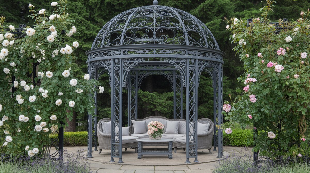 Ornate Iron Dome Gazebo Intricate Lattice Metalwork Roses