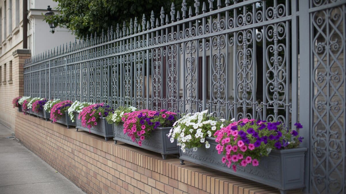 Ornate Wrought Iron Metal Lattice Fence Petunia Flower Boxes